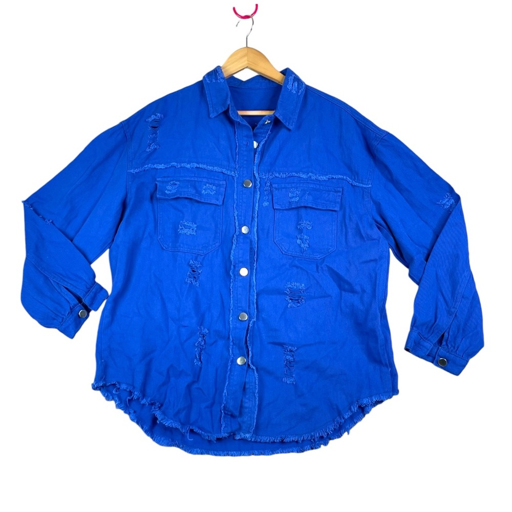 Women Ripped Oversized Denim Jacket Boyfriend Distressed Blue XL Fringe Hem